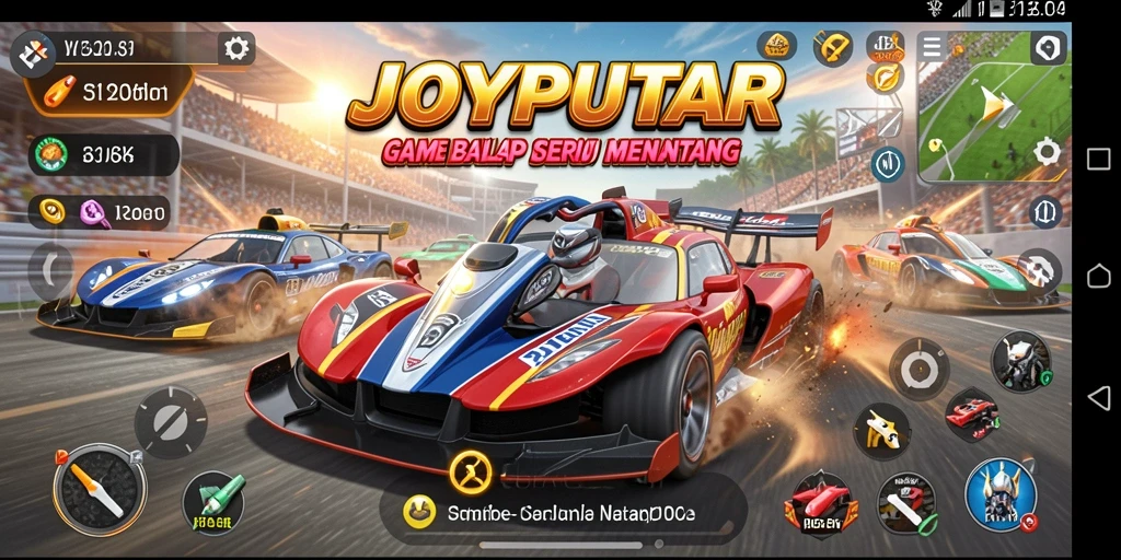 Screenshot gameplay JOYPUTAR yang menampilkan aksi balapan yang mendebarkan.
