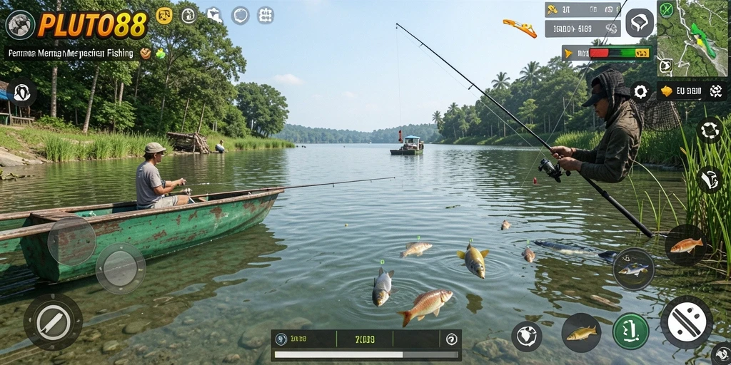 Tampilan seru gameplay PLUTO88 saat menangkap ikan di laut.