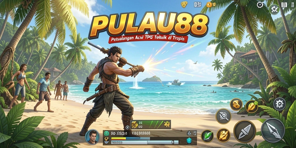 Tampilan gameplay menarik dari PULAU88 di pulau tropis.