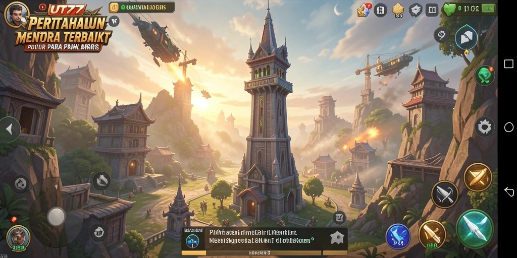 Screenshot UT77 menunjukkan pertempuran menara yang intens dan strategis.